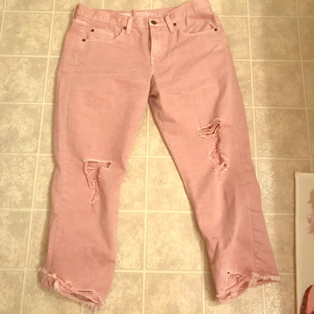 Cropped, distressed rose denim capris